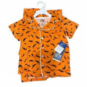 Kids Orange Bat Print Halloween Pajama Set Size 7/8 New